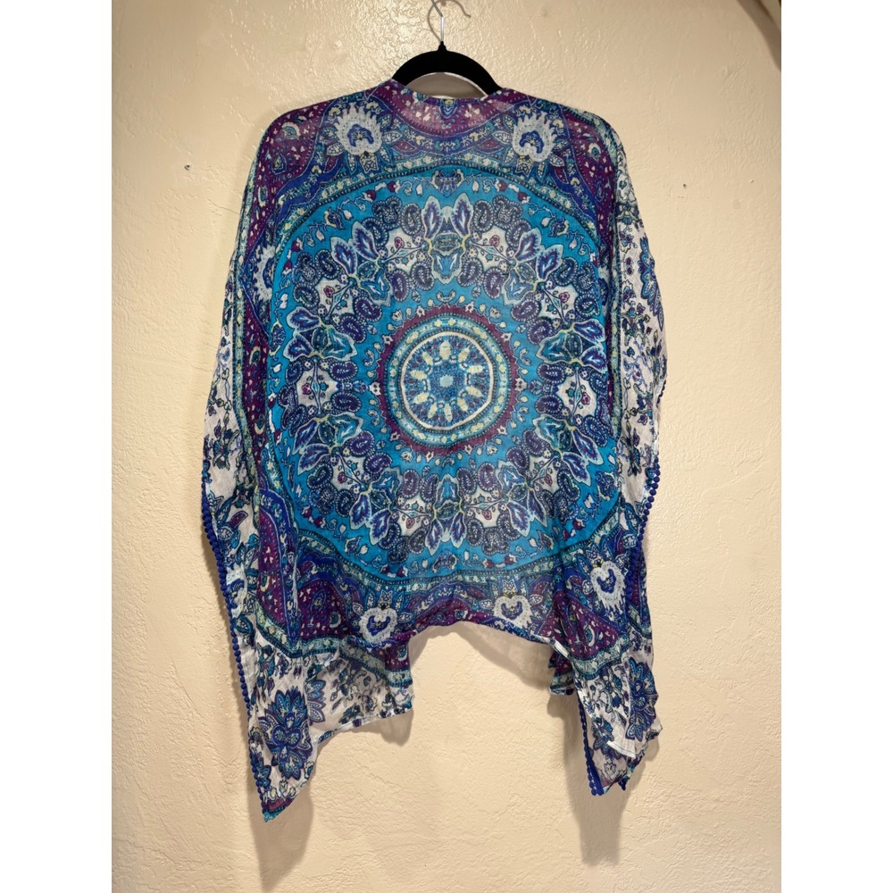 Chicos 100% Linen Mandala Paisley Kimono Wrap Blue Purple Pom Pom L/XL
